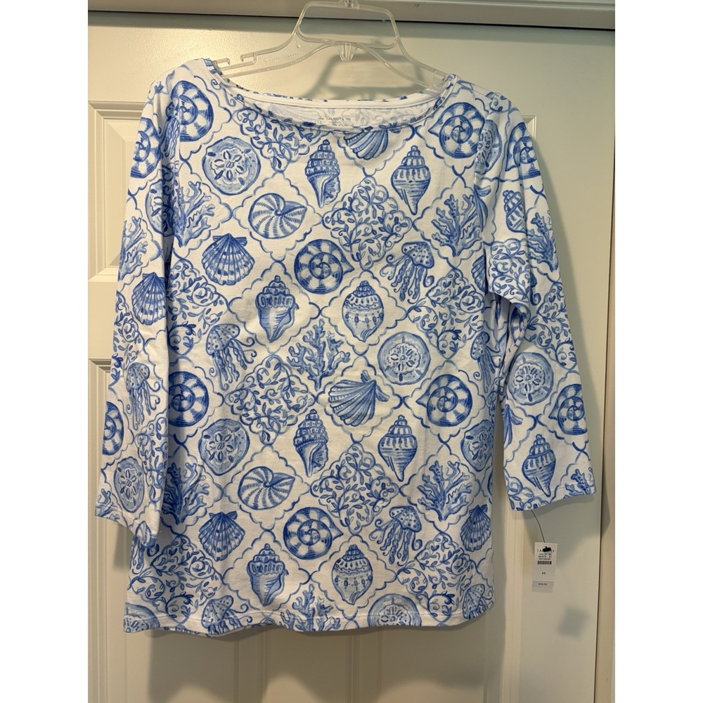 NWT NEW SUMMER TALBOTS Sz M SEASHELL TILES BATEAU NECK TEE WHITE BLUE $54.50